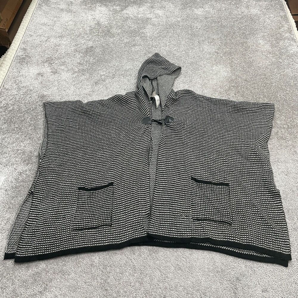 Chico's Hoodie Poncho Cape Sweater Women One Size Black White Check Acrylic Knit